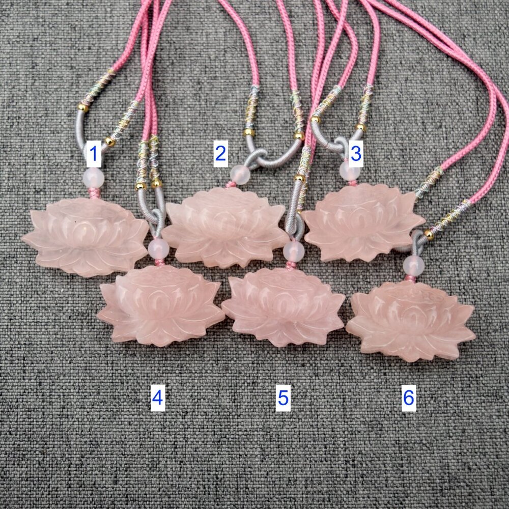 Pink Lotus Pendant Rope Necklace - Rose Quartz Crystal Pendant